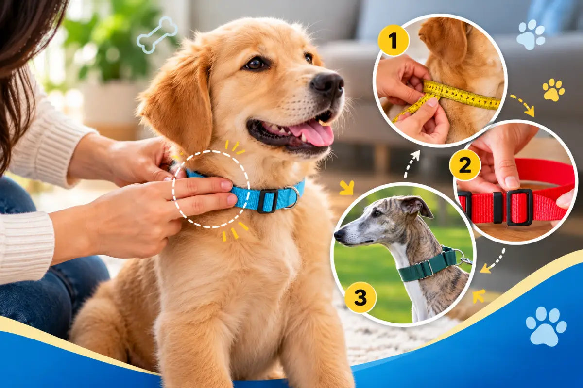Dog collar fitting guide showing a puppy, neck measurement, collar adjustment, and martingale collar