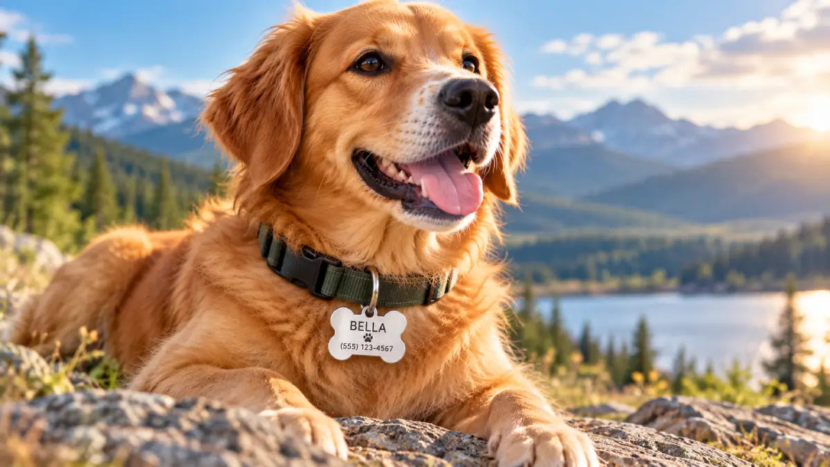 Dog owner fastening a personalized engraved ID tag to a dog's collar outdoors