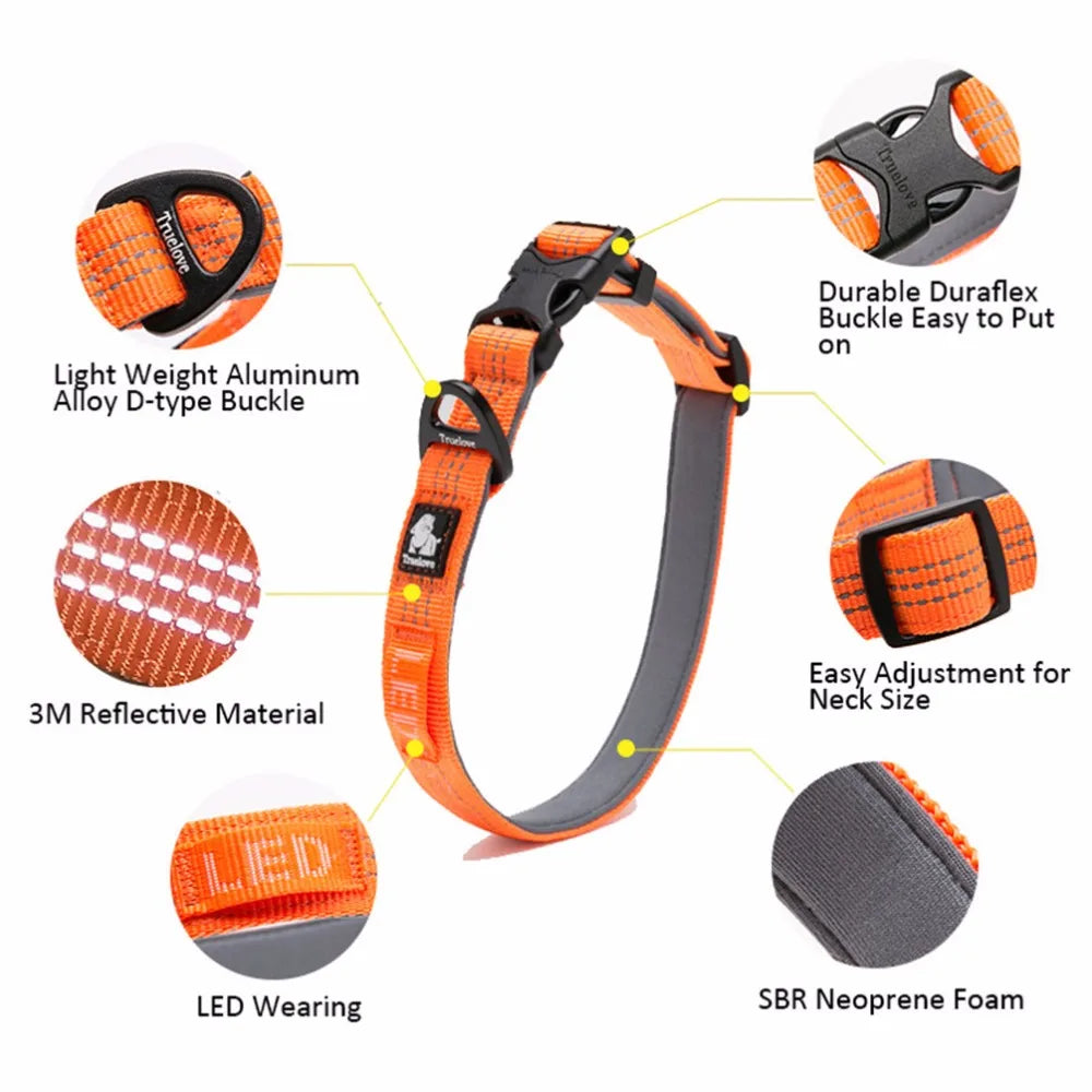 Reflective Padded Dog Collar with Aluminum D-Ring, S-L