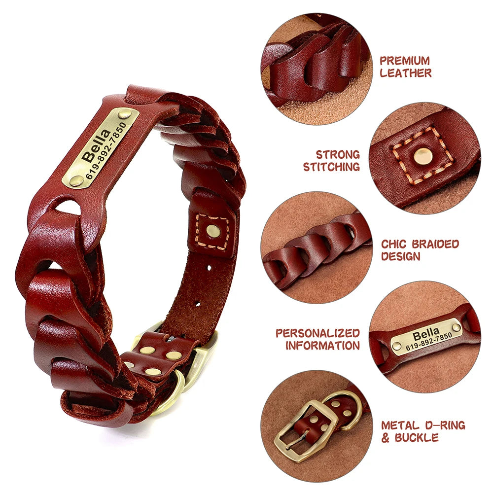 Genuine Leather Personalized Dog Collar for Pitbulls and Large Dogs