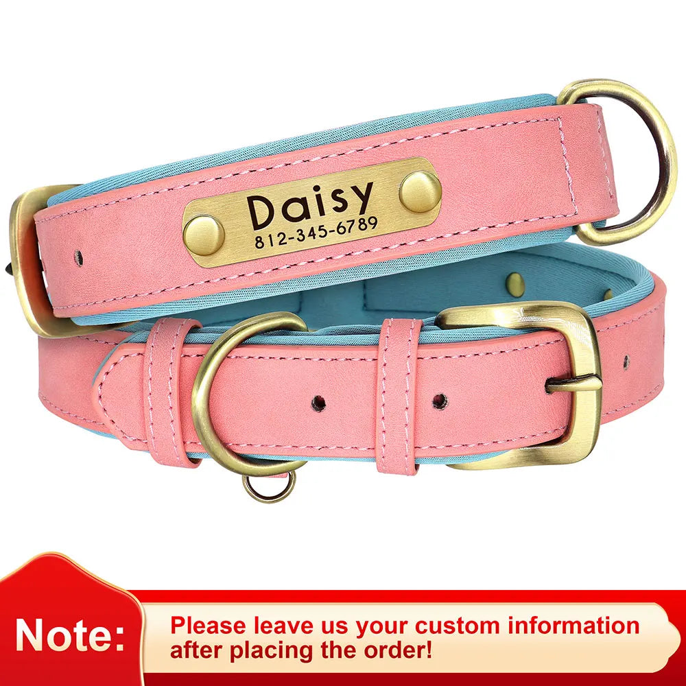 PU Leather Dog Collar with Engraved Nameplate ID Tag, Padded