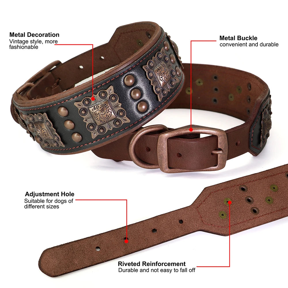 Genuine Leather Dog Collar and Leash Set for Large Dogs