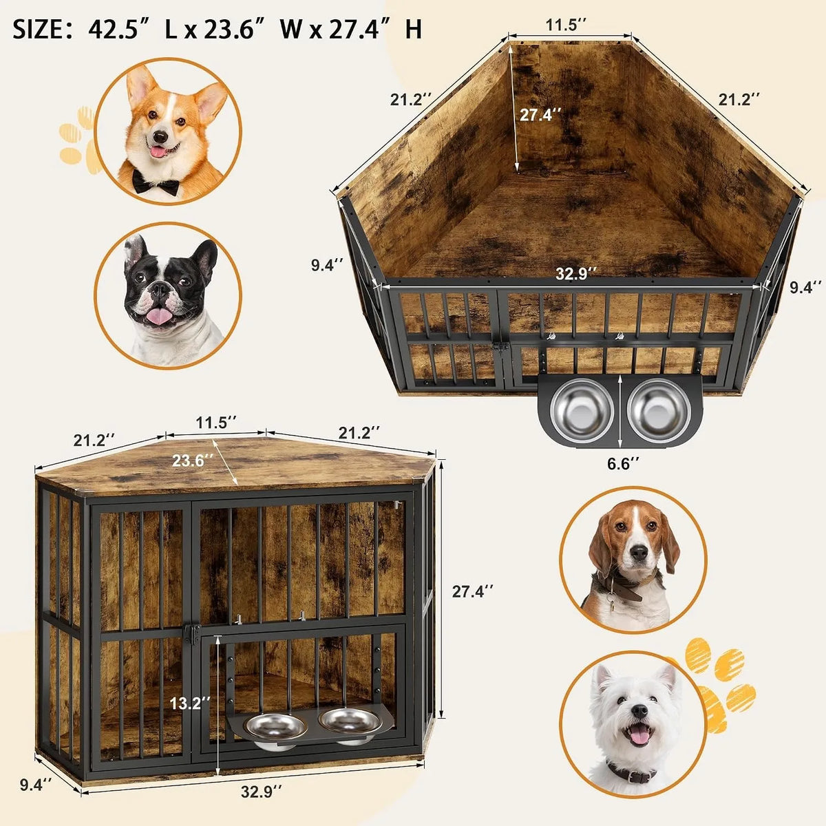 Corner Dog Crate Furniture with Rotating Feeding Door