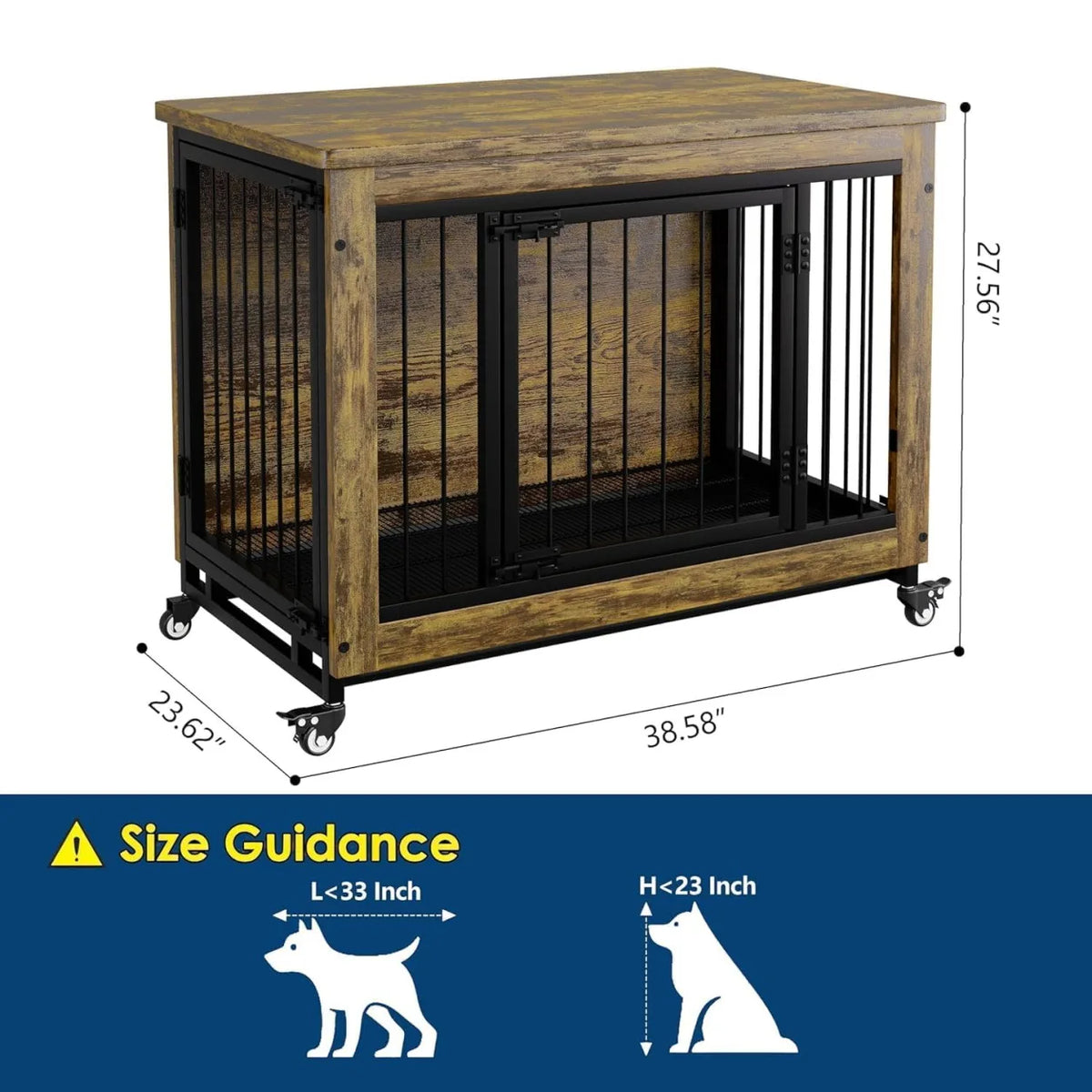 38 Inch Dog Crate Furniture with 3 Doors & Wheels