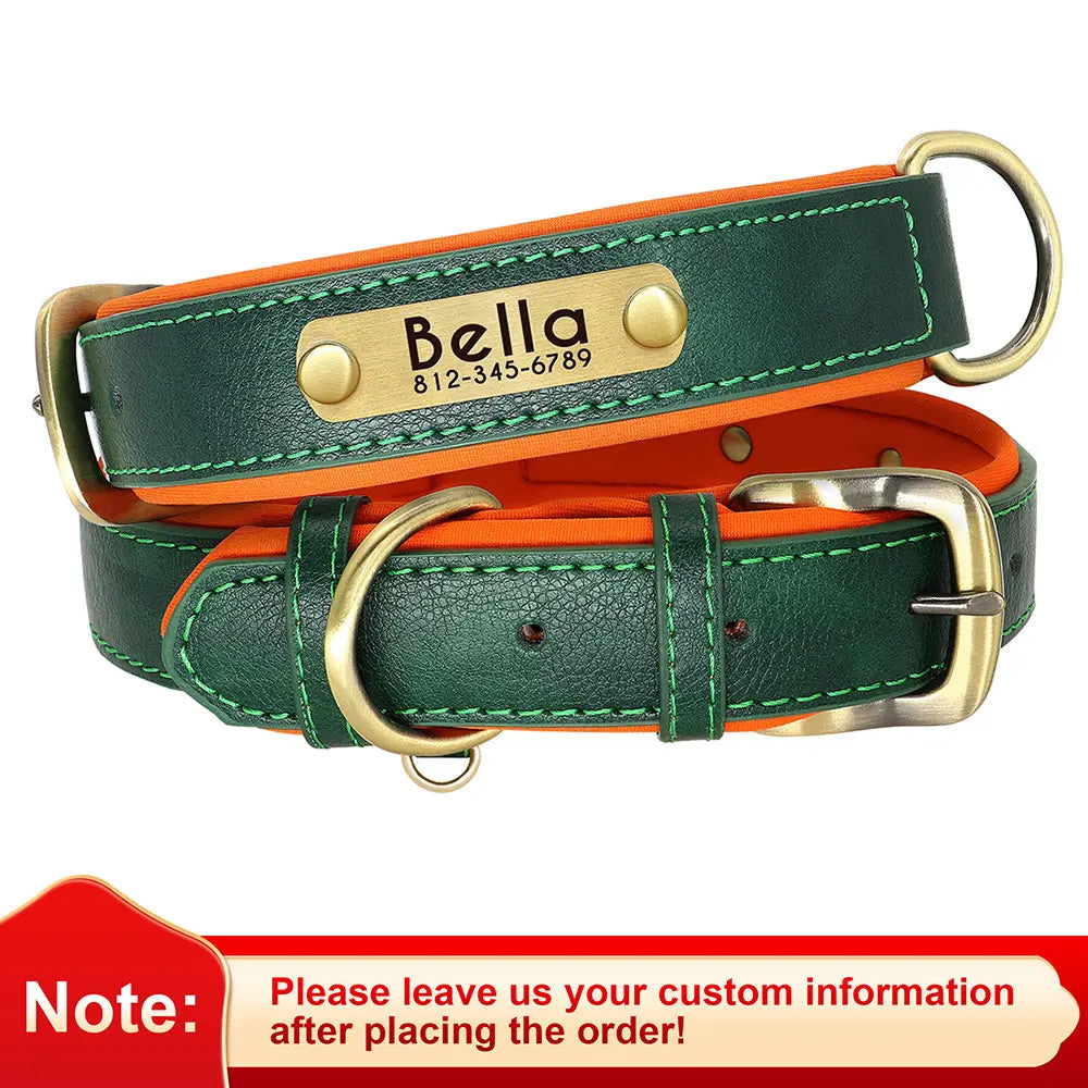 PU Leather Dog Collar with Engraved Nameplate ID Tag, Padded