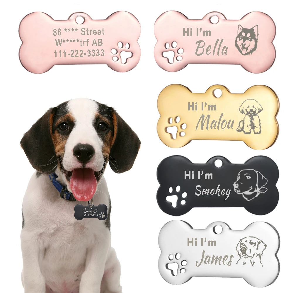Engraved Bone Dog ID Tag, Personalized Stainless Steel Tag