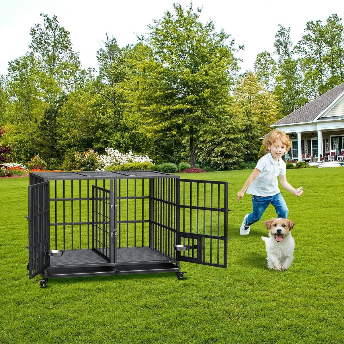 42 Inch Heavy Duty Dog Crate with Feeding Doors