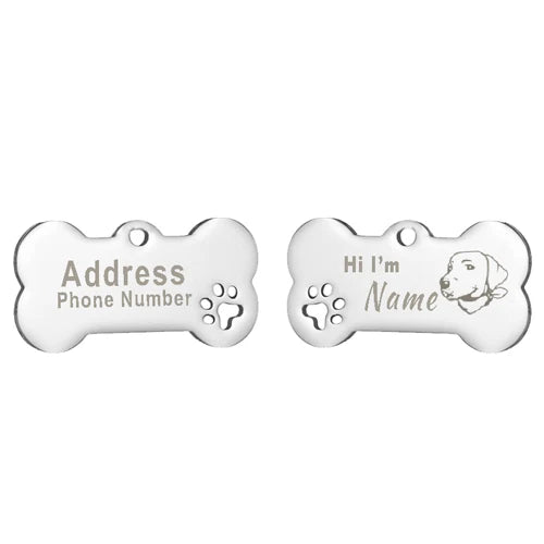 Engraved Bone Dog ID Tag, Personalized Stainless Steel Tag