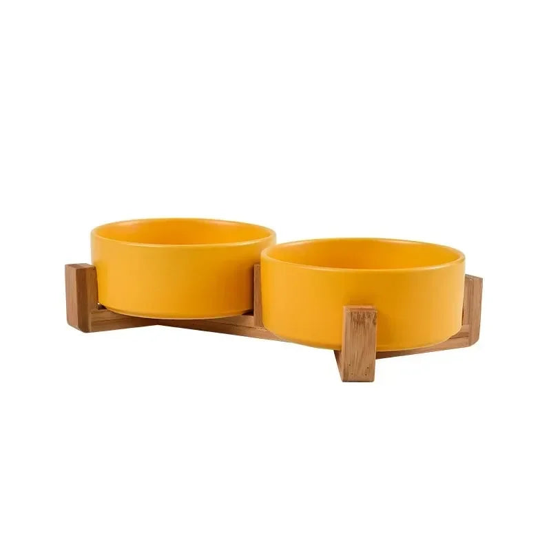 Elevated Ceramic Dog Bowl with Wood Stand