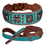 Genuine Leather Dog Collar and Leash Set for Large Dogs