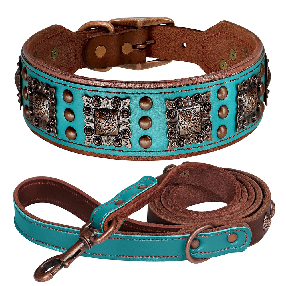 Genuine Leather Dog Collar and Leash Set for Large Dogs