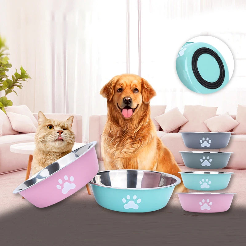 Stainless Steel Dog Bowl with Paw Print and Non-Slip Base