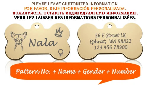 Engraved Dog Face Bone ID Tag, Personalized with Name and Gender