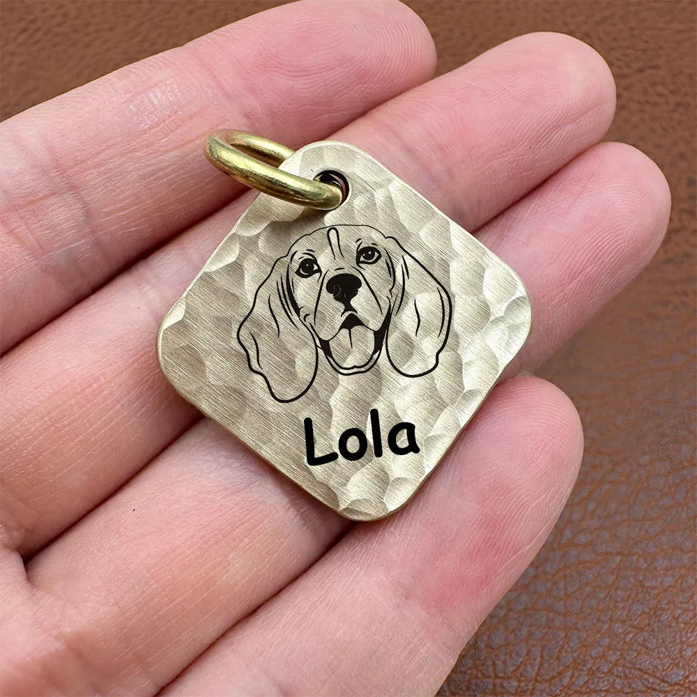 Engraved Brass Dog ID Tag, Square Personalized Pet Tag