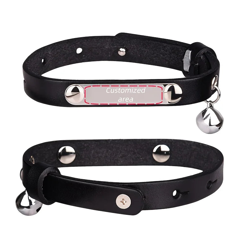 Personalized Leather Cat Collar with Bell and Engraved Nameplate