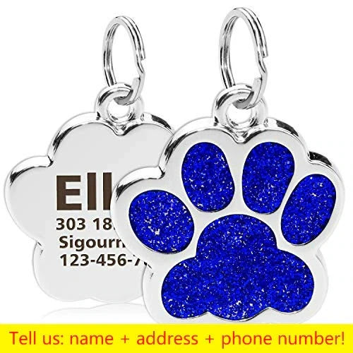 Glitter Paw Dog ID Tag, Engraved Stainless Steel Pet Tag
