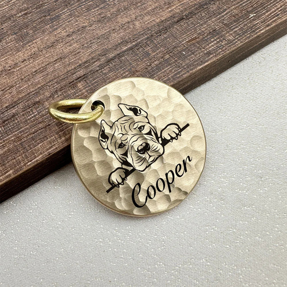 Hand Hammered Brass Dog ID Tag, Personalized Round Pet Tag