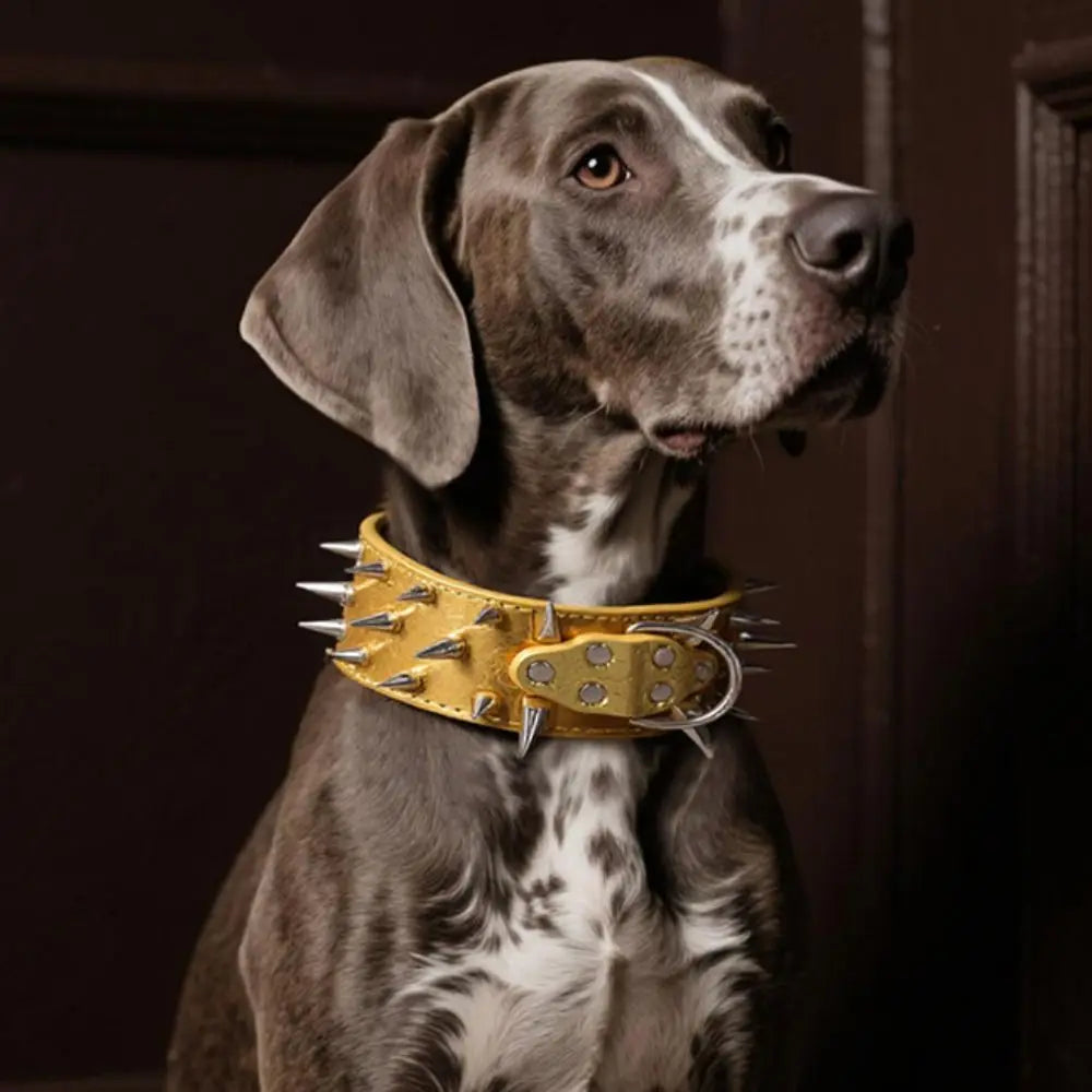 Spiked Dog Collar with Sharp Rivets, Adjustable PU Leather