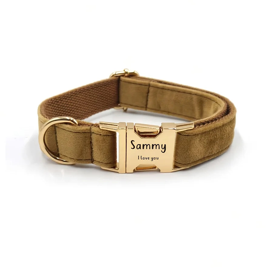 Personalized Velvet Dog Collar with Engraved Name ID Tag