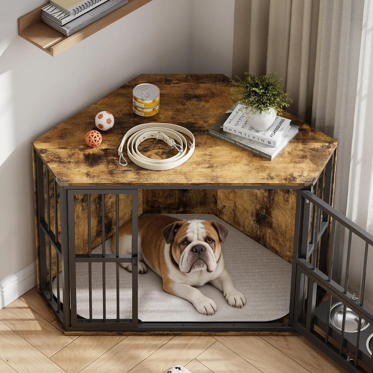 Corner Dog Crate Furniture with Rotating Feeding Door