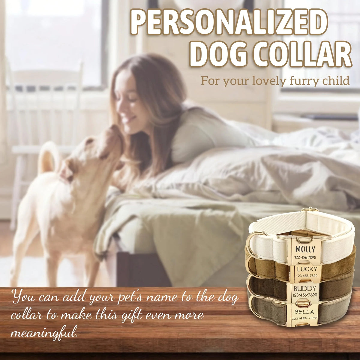 Personalized Velvet Dog Collar with Engraved Name ID Tag