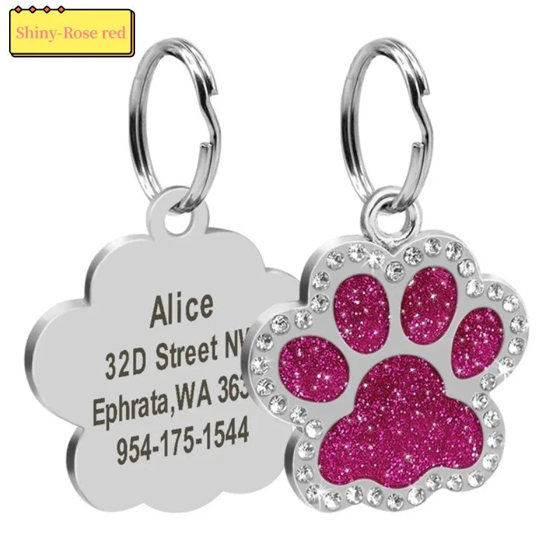 Glitter Paw Dog ID Tag, Engraved Stainless Steel Pet Tag