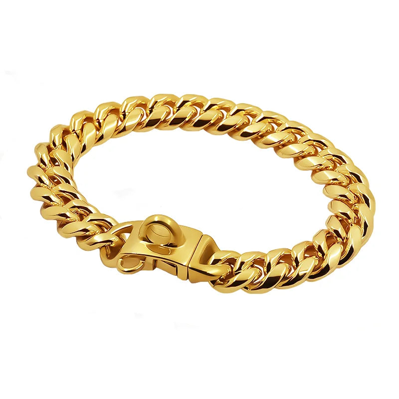 Stainless Steel Cuban Link Dog Chain Collar, 14 mm, Gold or Silver