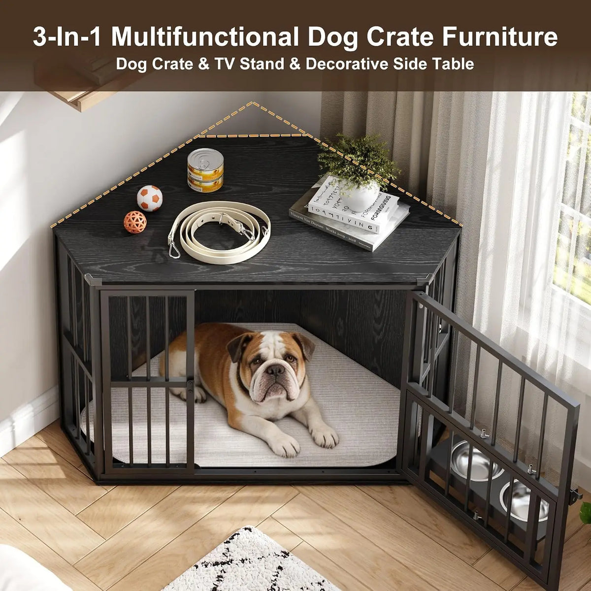 Corner Dog Crate Furniture with Rotating Feeding Door