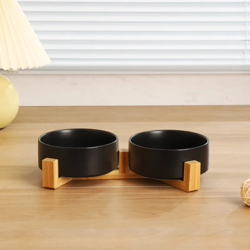 Elevated Ceramic Dog Bowl with Wood Stand