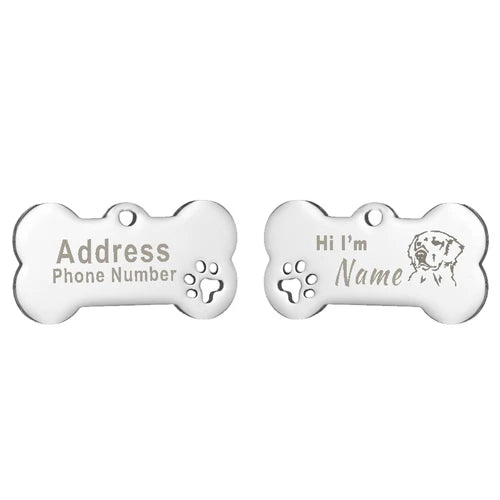 Engraved Bone Dog ID Tag, Personalized Stainless Steel Tag