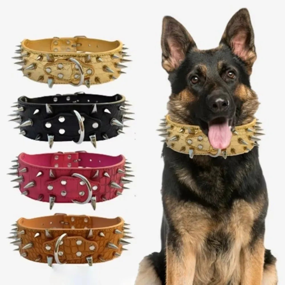 Spiked Dog Collar with Sharp Rivets, Adjustable PU Leather