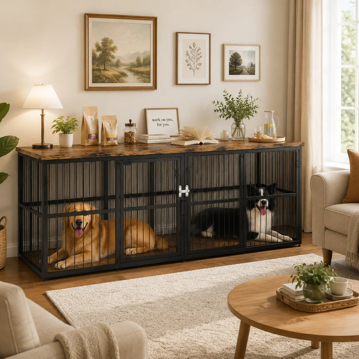 87 Inch Double Dog Crate Furniture with Divider
