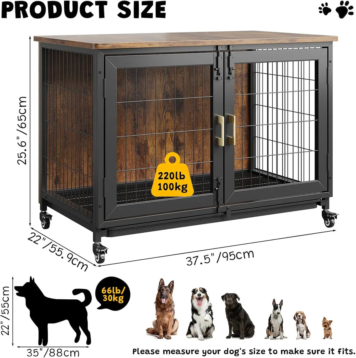 37.5in Wooden Dog Crate Furniture with Locking Wheels