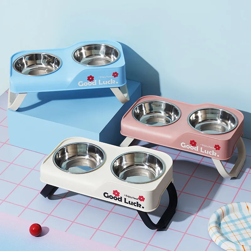 Foldable Elevated Dog Bowl Stand with Double Stainless Steel Bowls