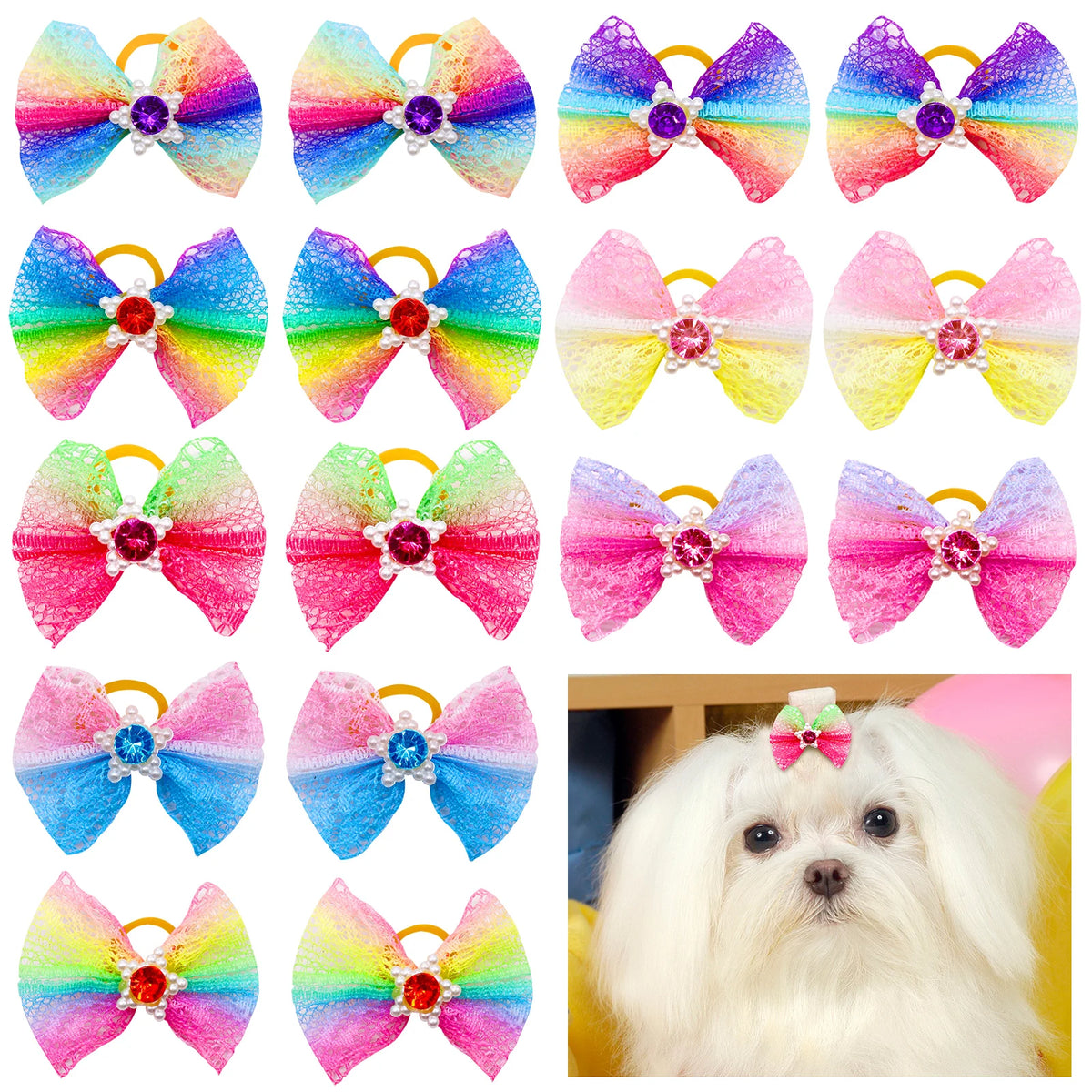 Dog Hair Bows with Rubber Bands, Mixed Colors, 10 to 30 Pack