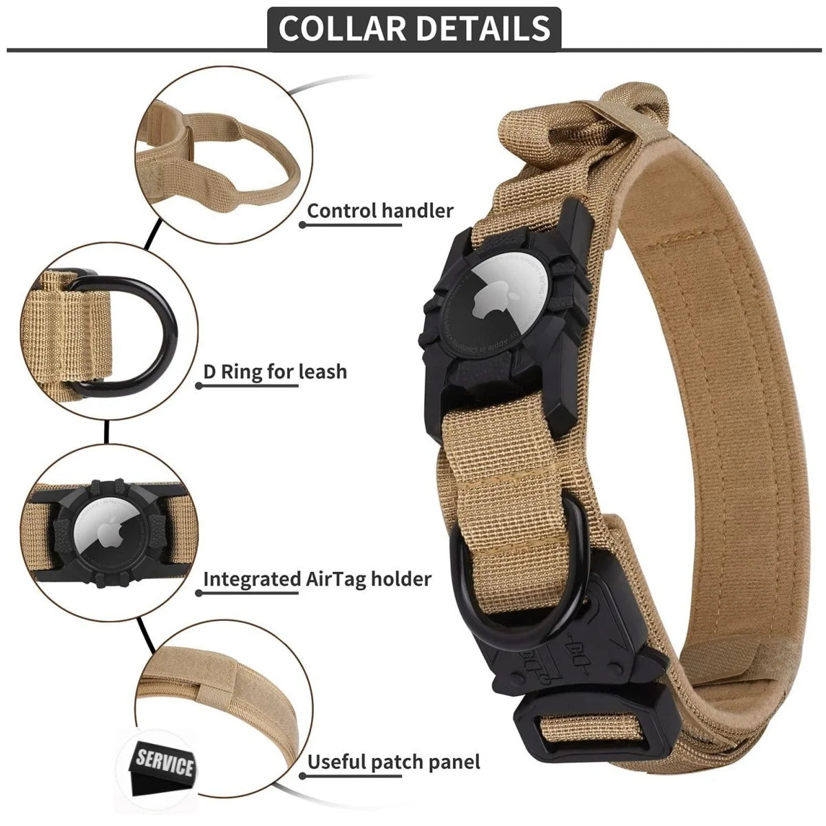 Tactical Dog Collar with AirTag Holder and Handle