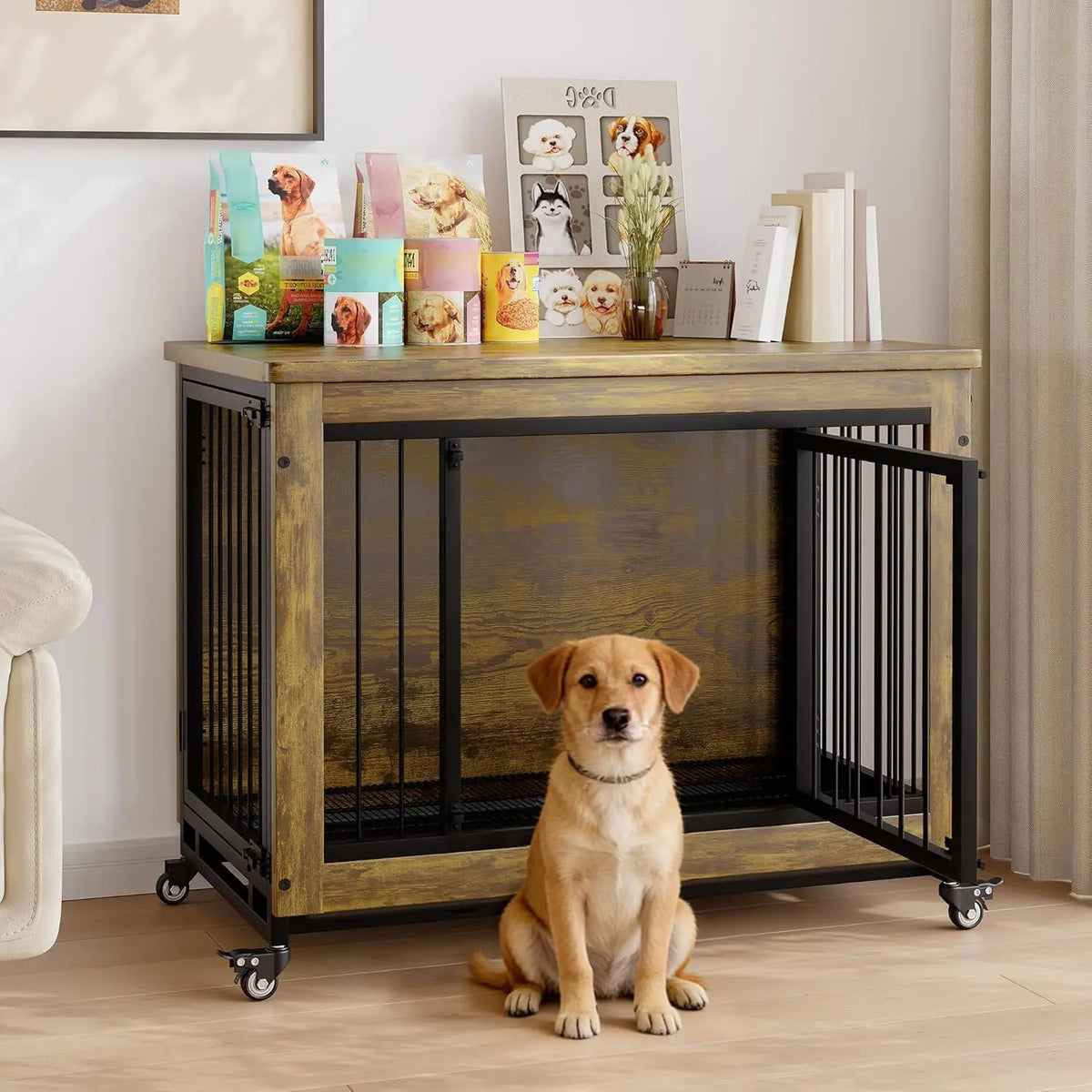 38 Inch Dog Crate Furniture with 3 Doors & Wheels