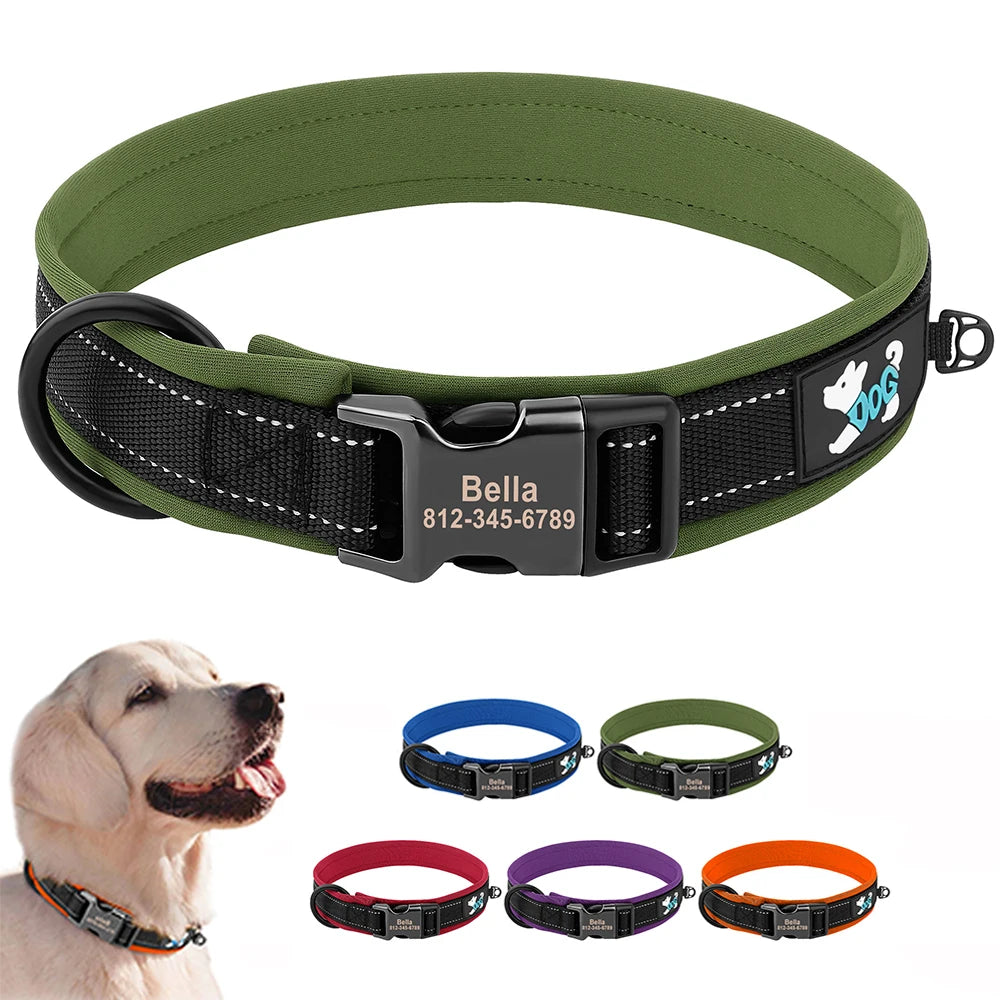 Personalized Dog Collar with Engraved Nameplate, Reflective Padded