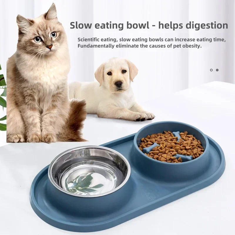 Stainless Steel Double Dog Bowl with Non-Slip Silicone Mat