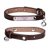 Personalized Leather Cat Collar with Bell and Engraved Nameplate