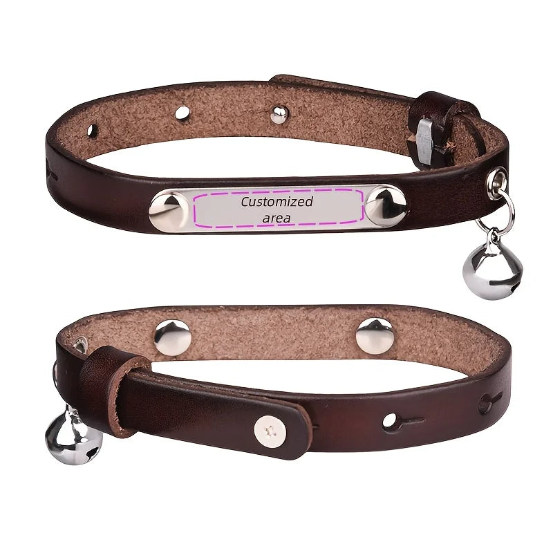 Personalized Leather Cat Collar with Bell and Engraved Nameplate