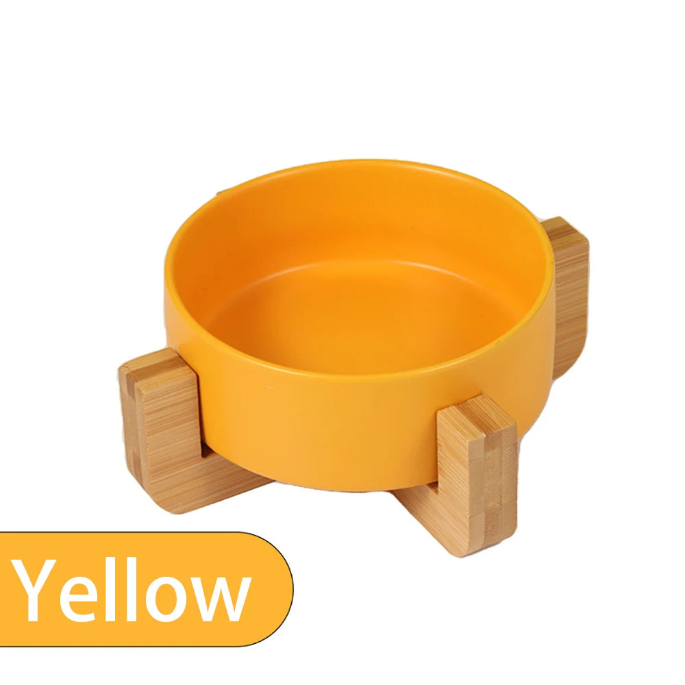 Personalized Ceramic Pet Bowl with Wood Stand for Cats and Small Dogs