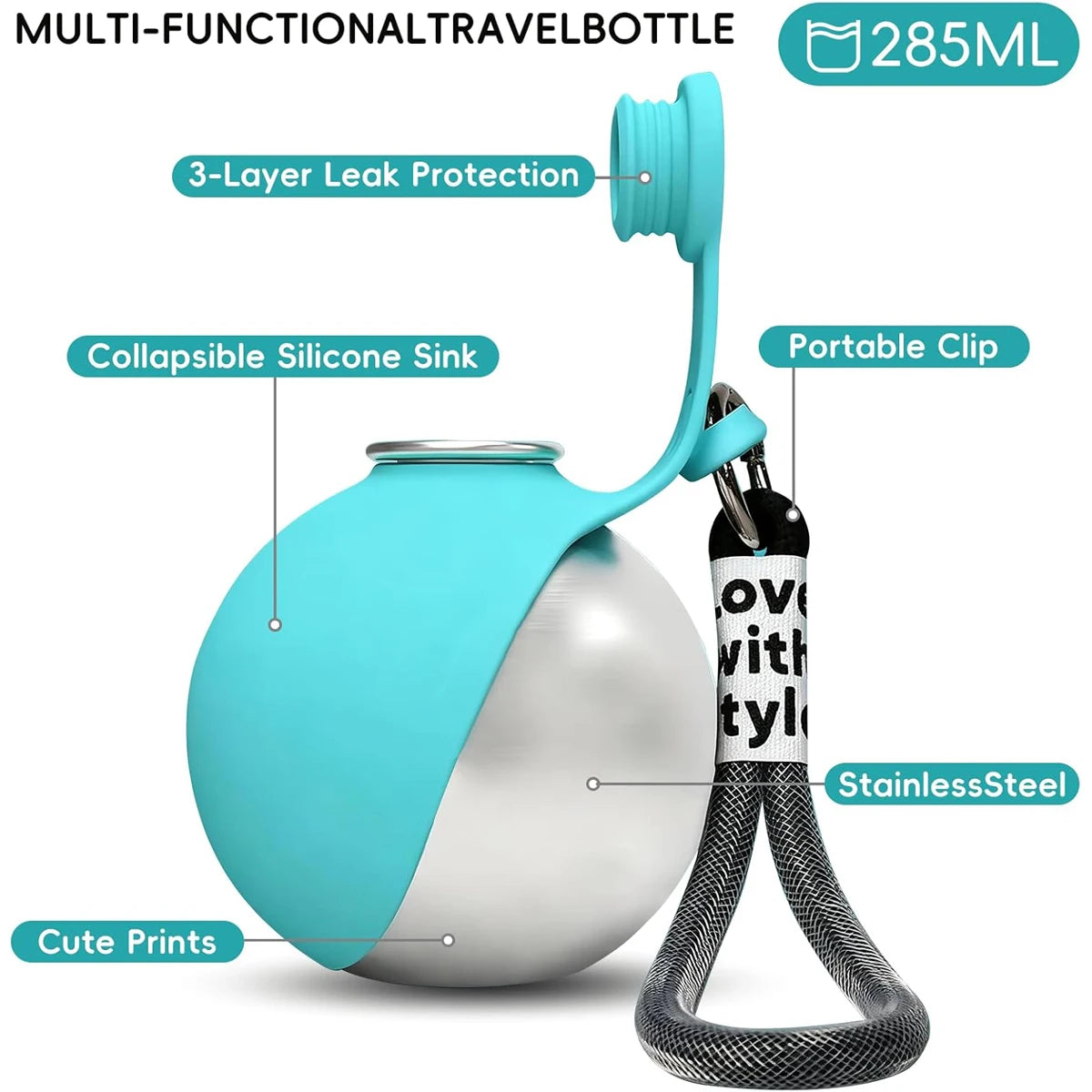Portable Dog Water Bottle with Fold-Out Silicone Bowl, 9.6 oz