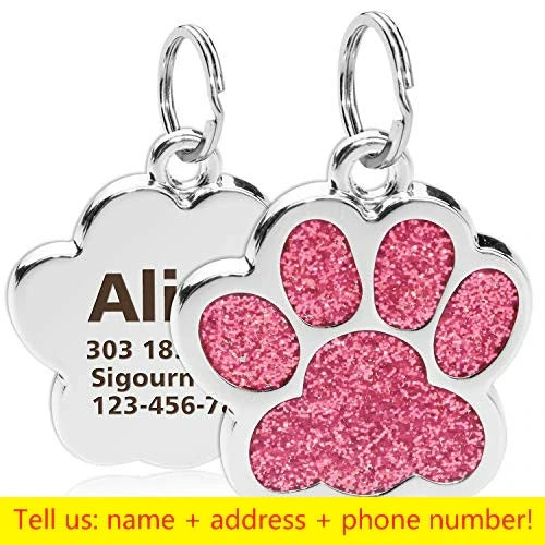 Glitter Paw Dog ID Tag, Engraved Stainless Steel Pet Tag