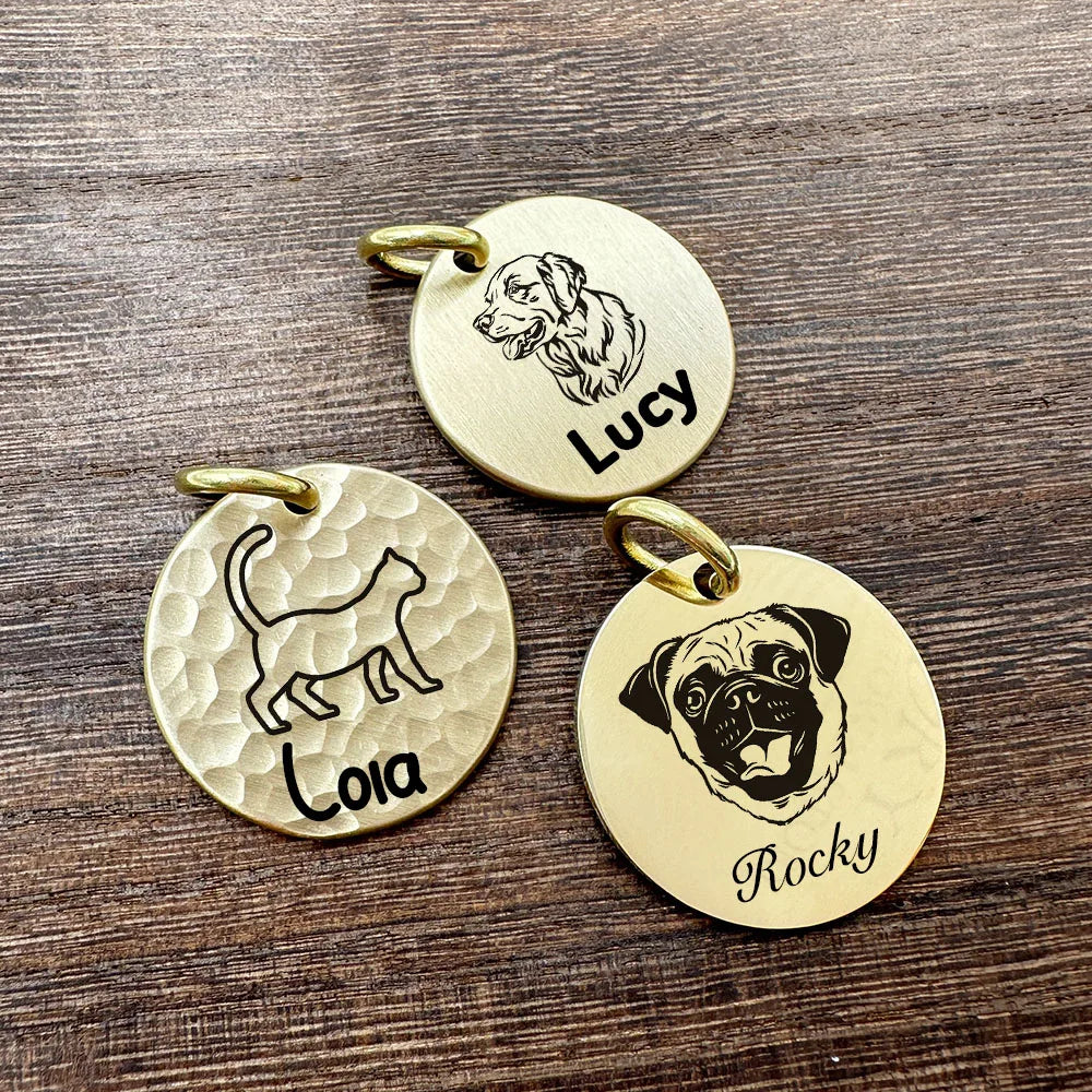 Hand Hammered Brass Dog ID Tag, Personalized Round Pet Tag