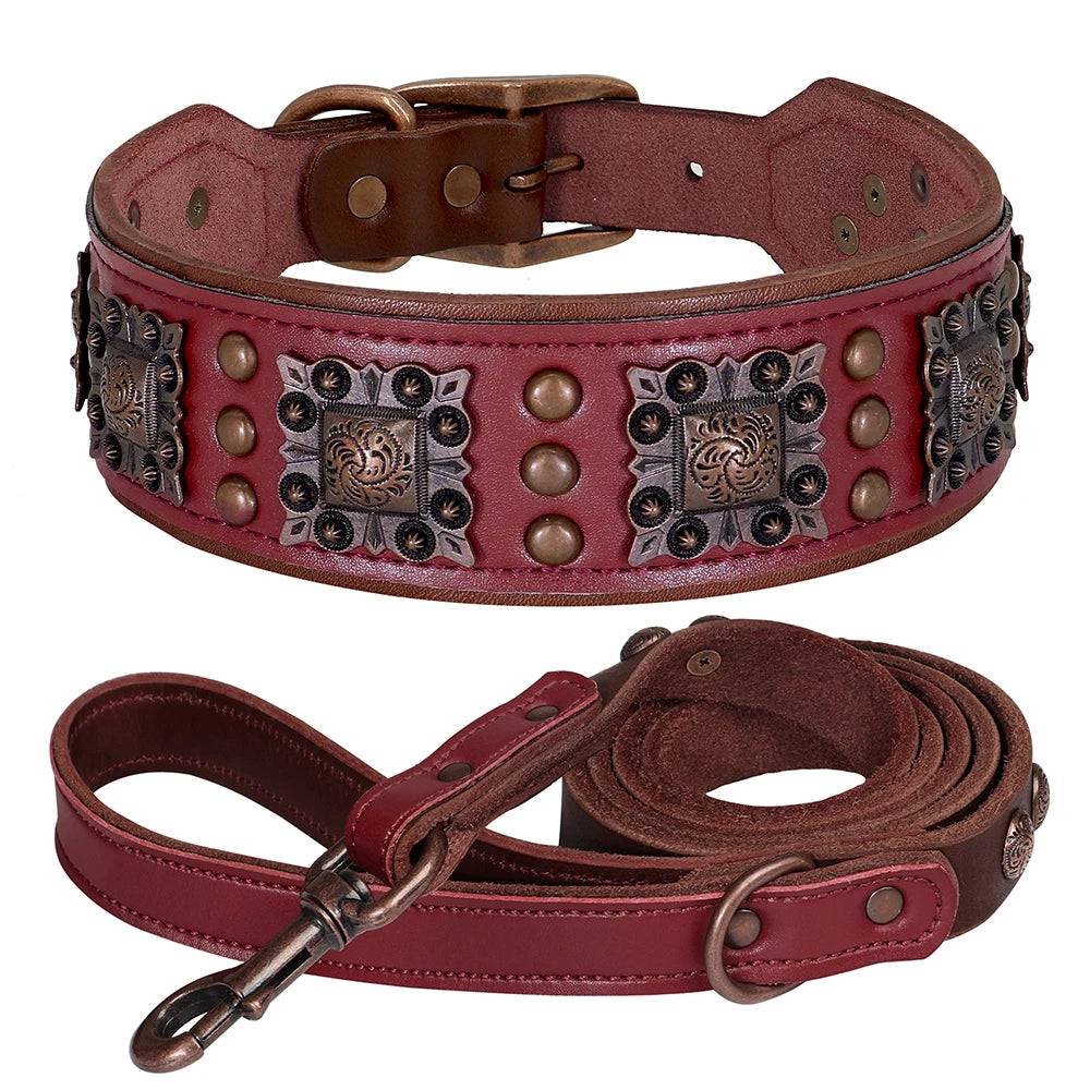 Genuine Leather Dog Collar and Leash Set for Large Dogs