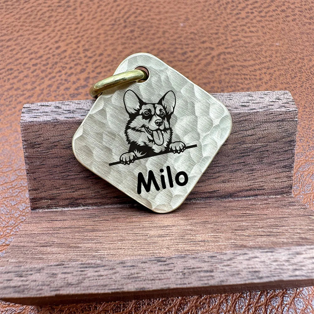 Engraved Brass Dog ID Tag, Square Personalized Pet Tag
