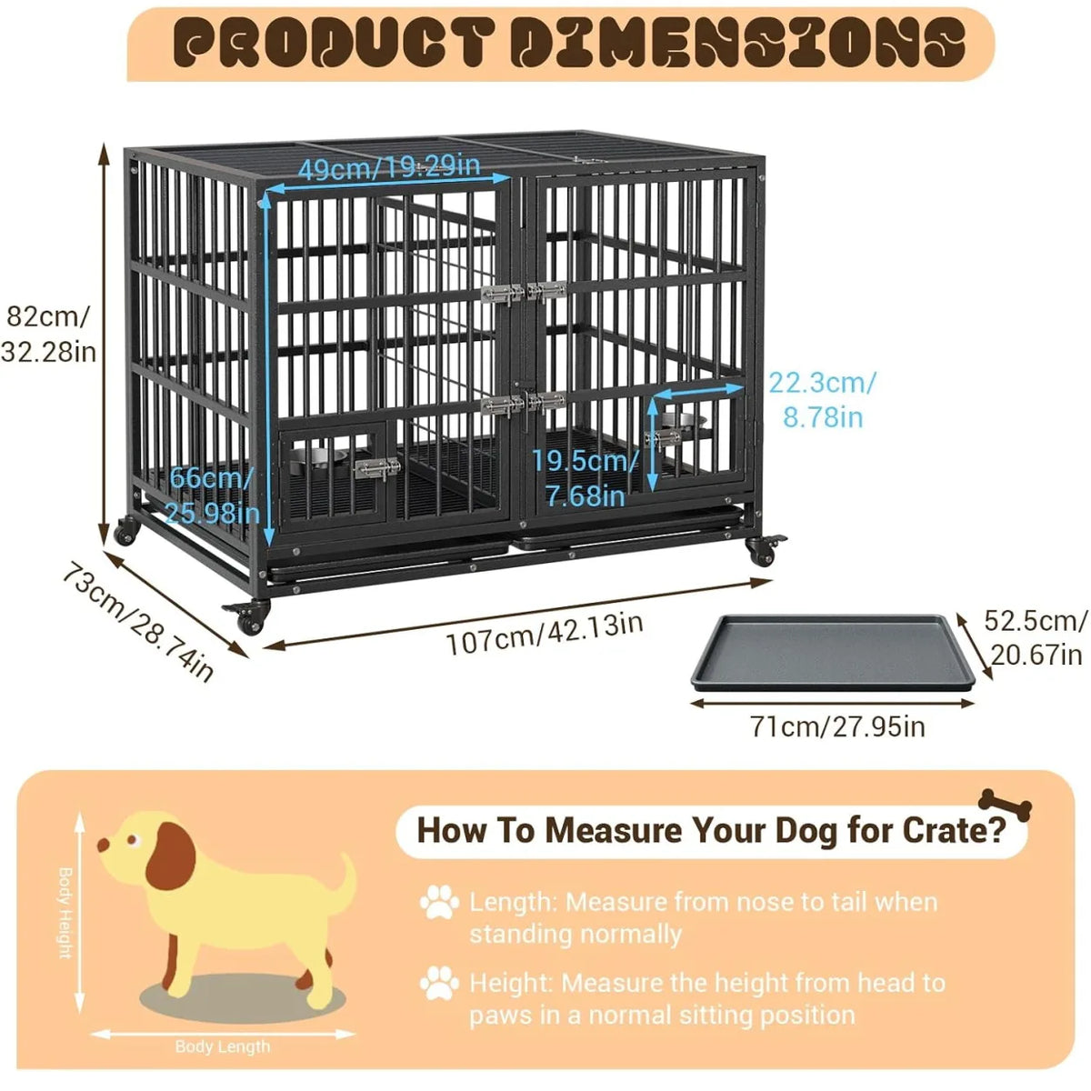42 Inch Heavy Duty Dog Crate with Feeding Doors