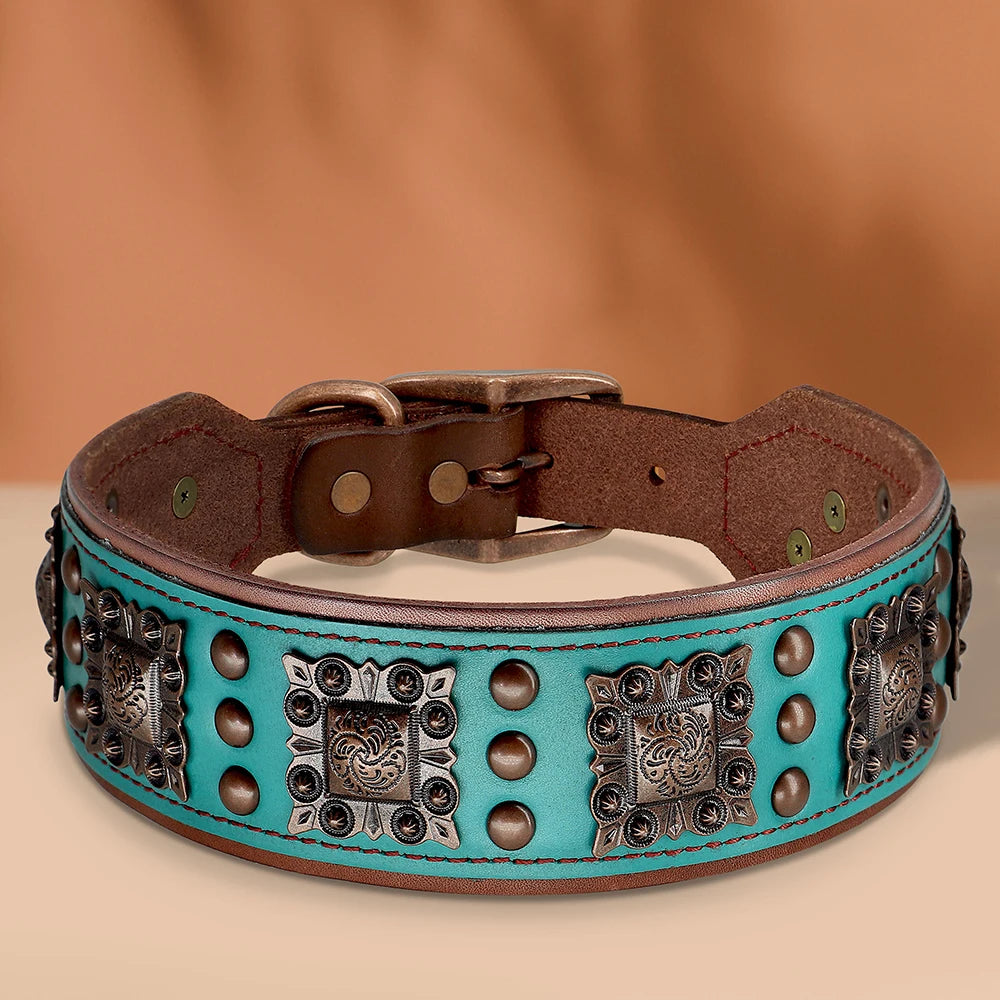 Genuine Leather Spiked Dog Collar, 2 Inch Wide for Large Dogs