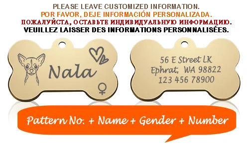 Engraved Dog Face Bone ID Tag, Personalized with Name and Gender